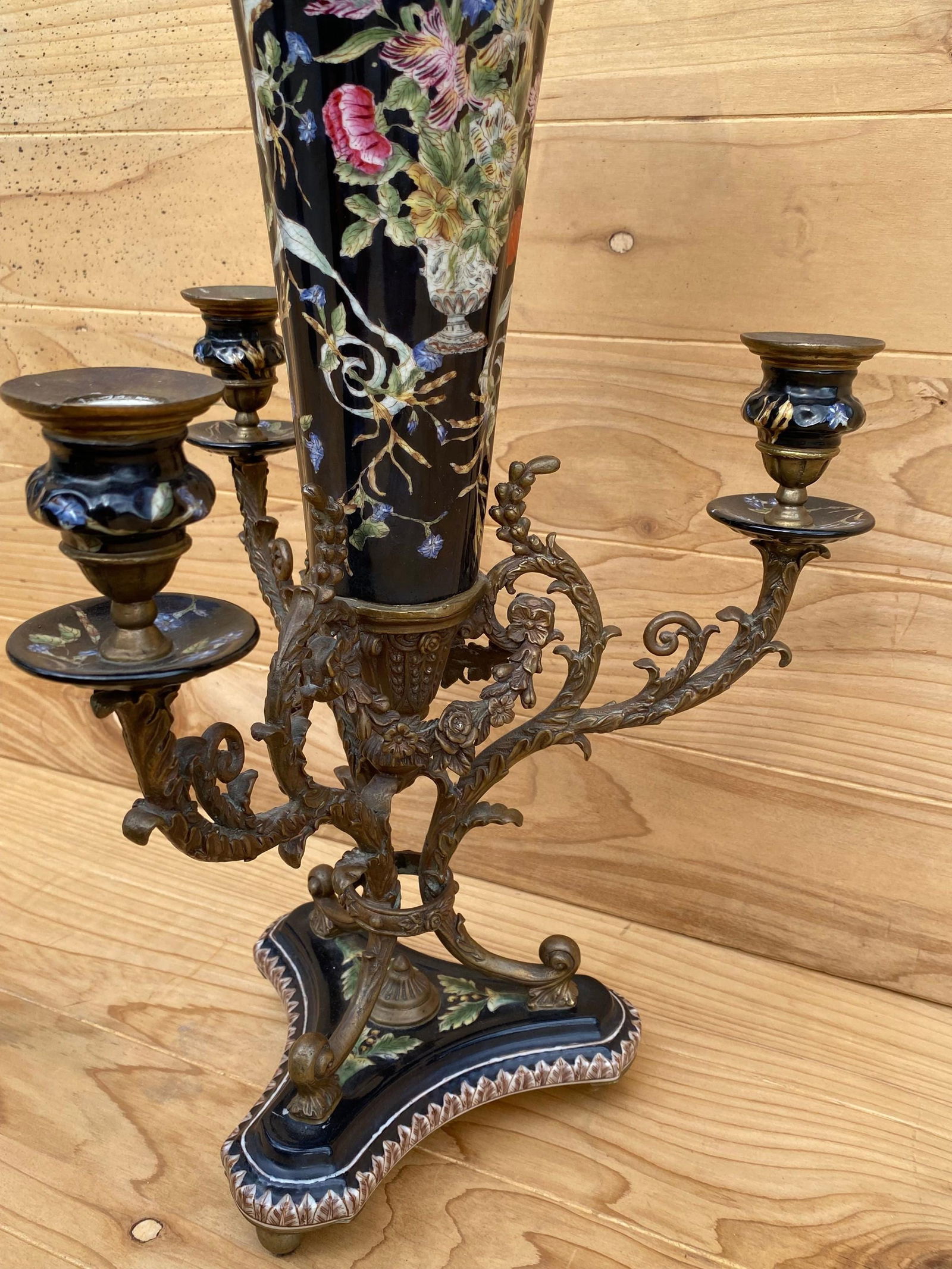 Antique French Porcelain Flower Vase with Brass Candelabra - 7