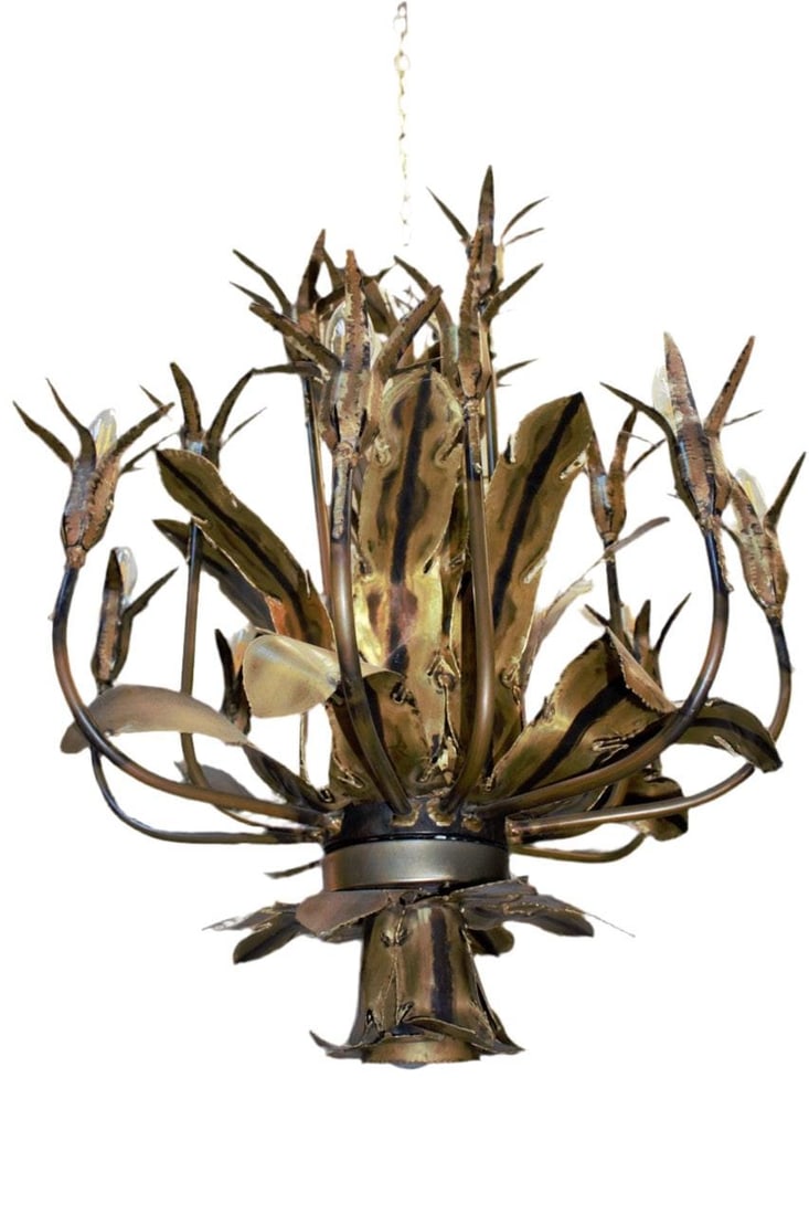 MCM Brutalist Style Torched Brass Chandelier by Tom Greene - 2