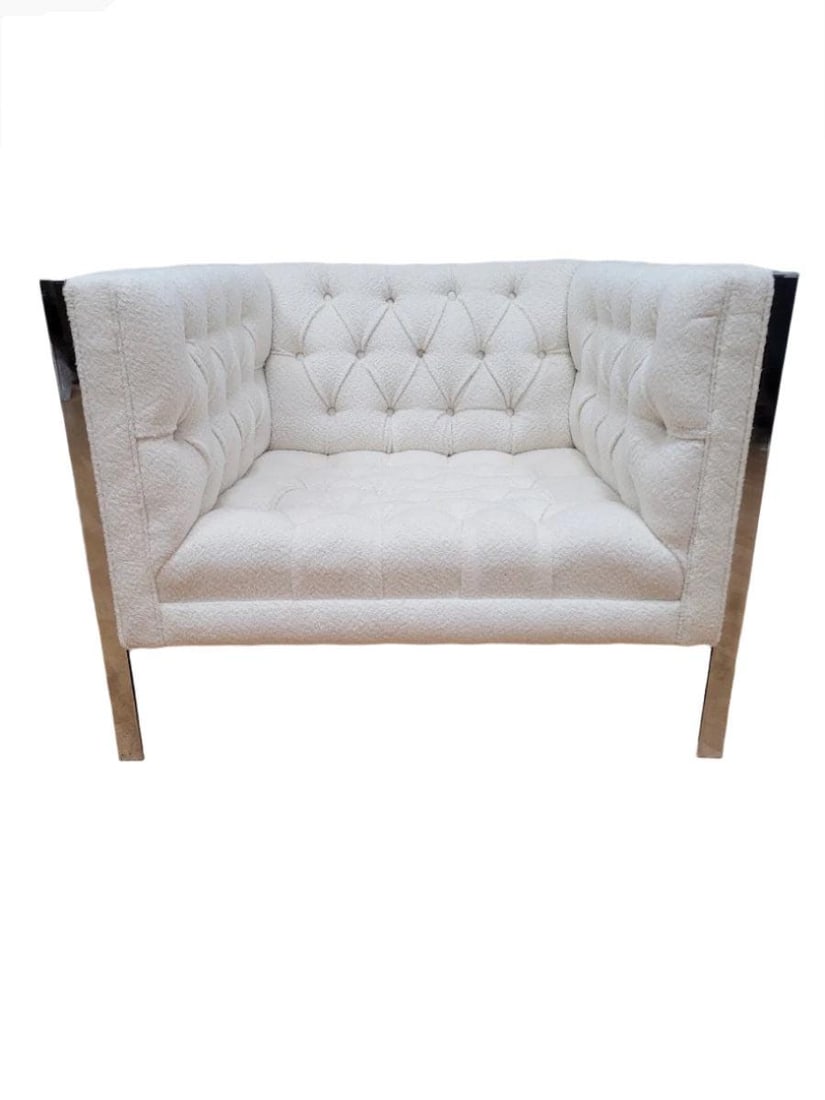 MCM Milo Baughman Cube Lounge Chair Newly Reupholstered: Title: MCM Milo Baughman Cube Lounge Chair Newly Reupholstered Description: Mid Century Modern Milo Baughman Chrome Frame Tufted Cube Club Lounge Chair Newly Upholstered in High End Natural Sheep's Wo