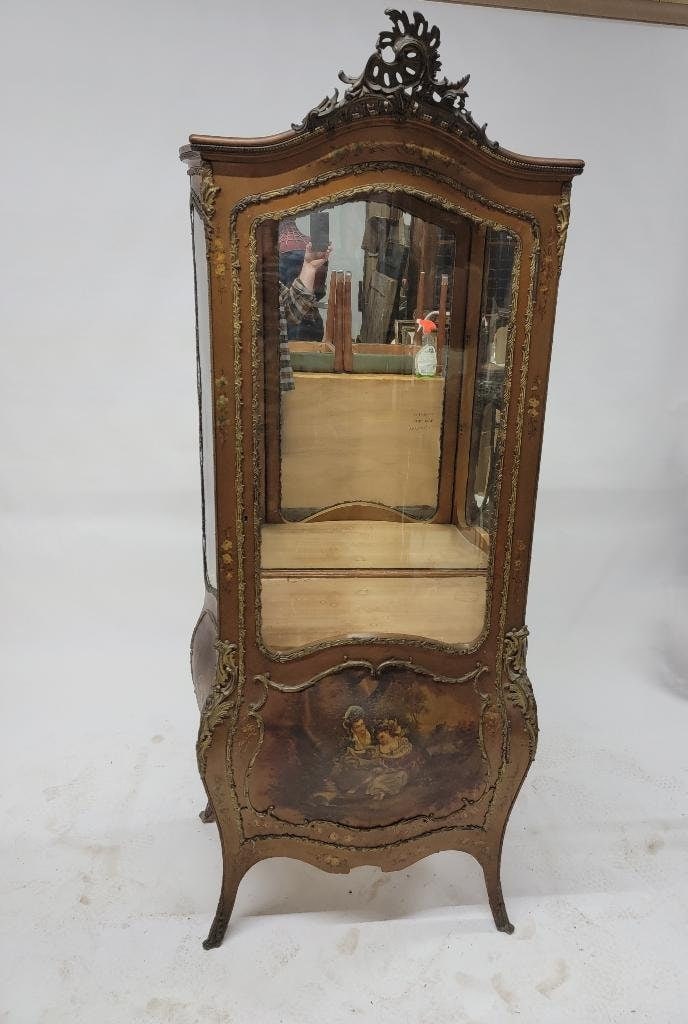 Antique French Vernis Martin Hand Painted Ormolu Mounted Bombe Display Vitrine Cabinet - 7