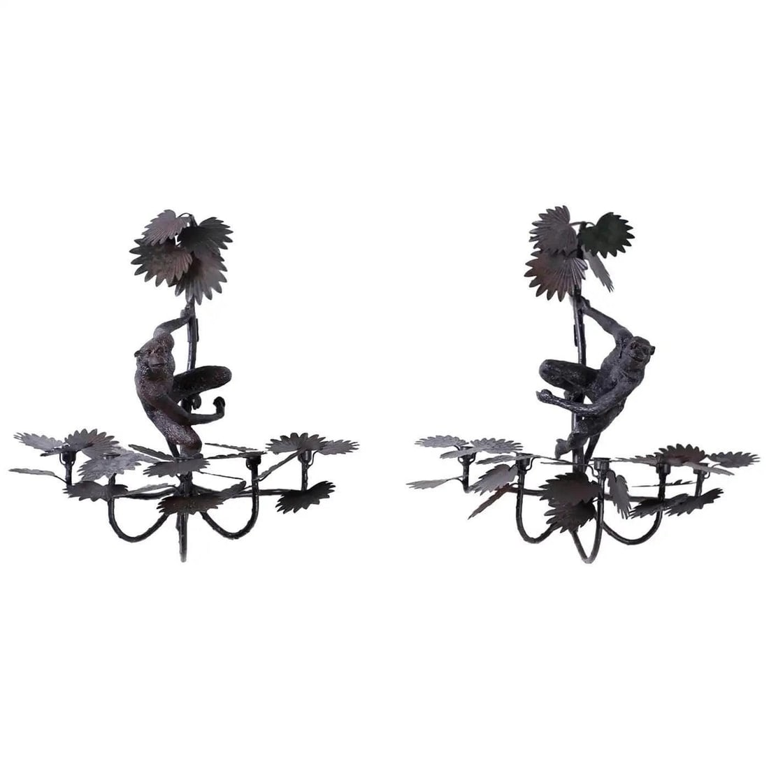 Vintage Hollywood Regency Italian Monkey Palm Wall Sconces - Pair: Title: Vintage Hollywood Regency Italian Monkey Palm Wall Sconces - Pair Description: Vintage Hollywood Regency Italian Cast Iron Monkey Palm Wall Sconces - PairFeaturing a pair of Hollywood Regency