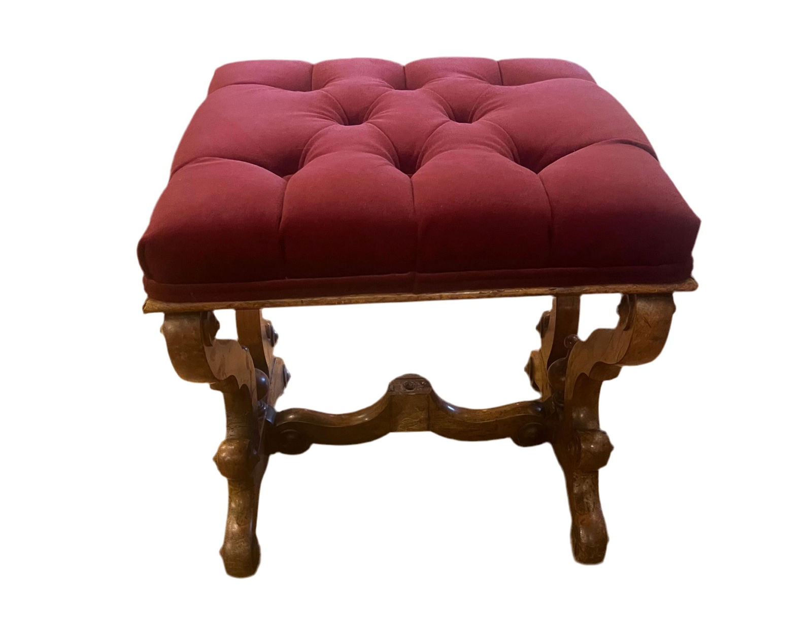 Antique Tufted Ottoman Newly Reupholstered in Burgundy Velvet - 2