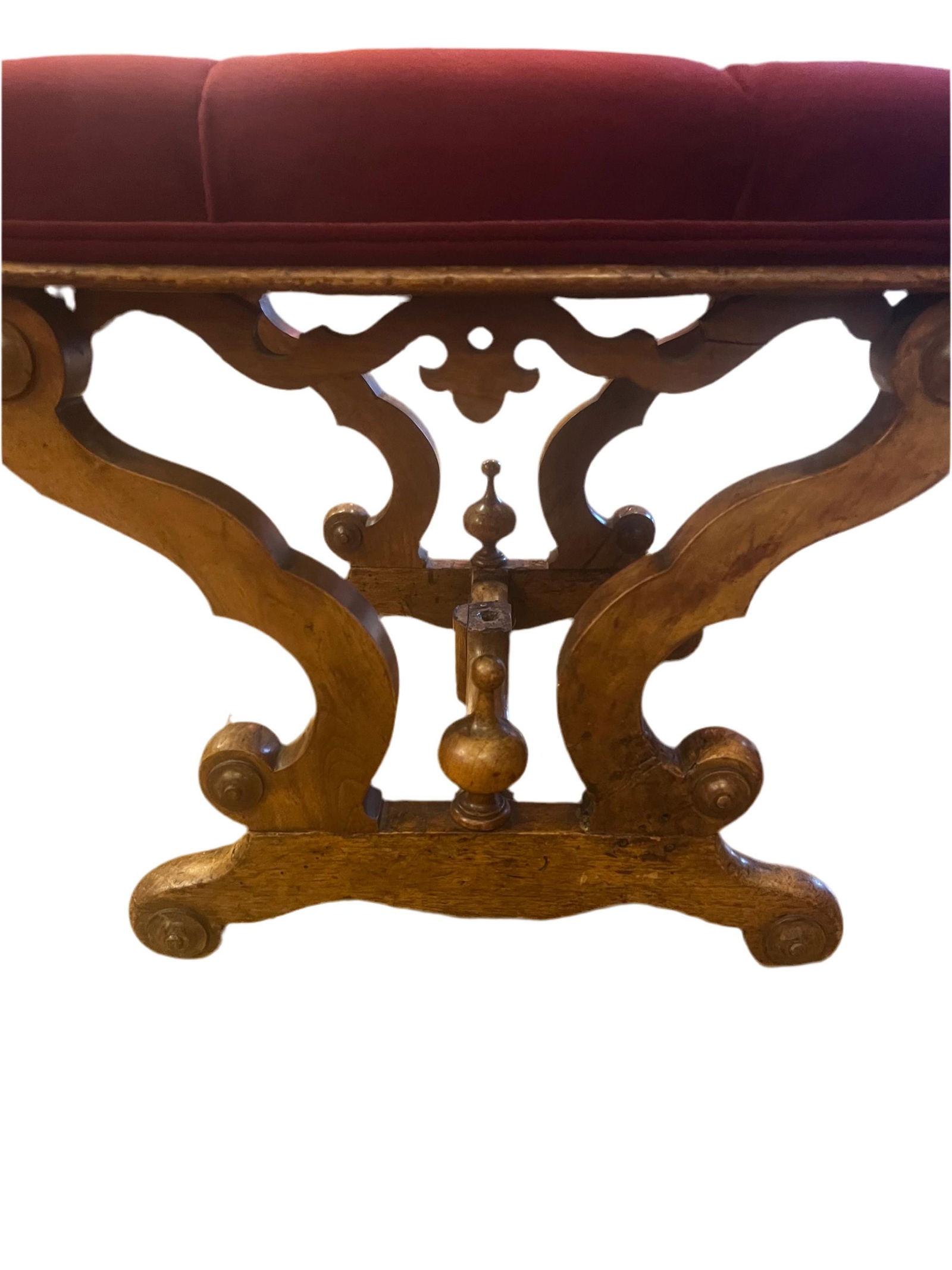 Antique Tufted Ottoman Newly Reupholstered in Burgundy Velvet - 3