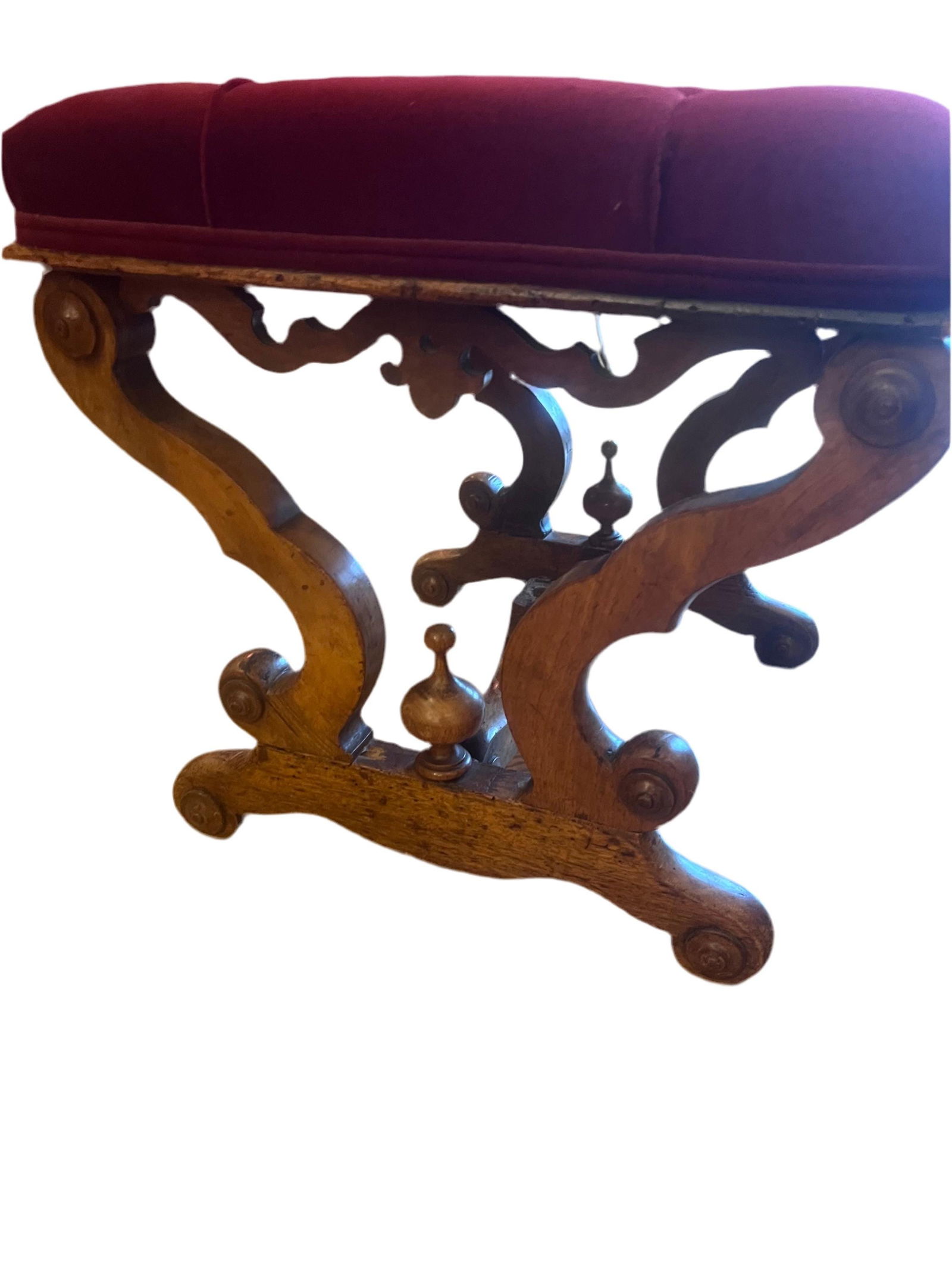 Antique Tufted Ottoman Newly Reupholstered in Burgundy Velvet - 5