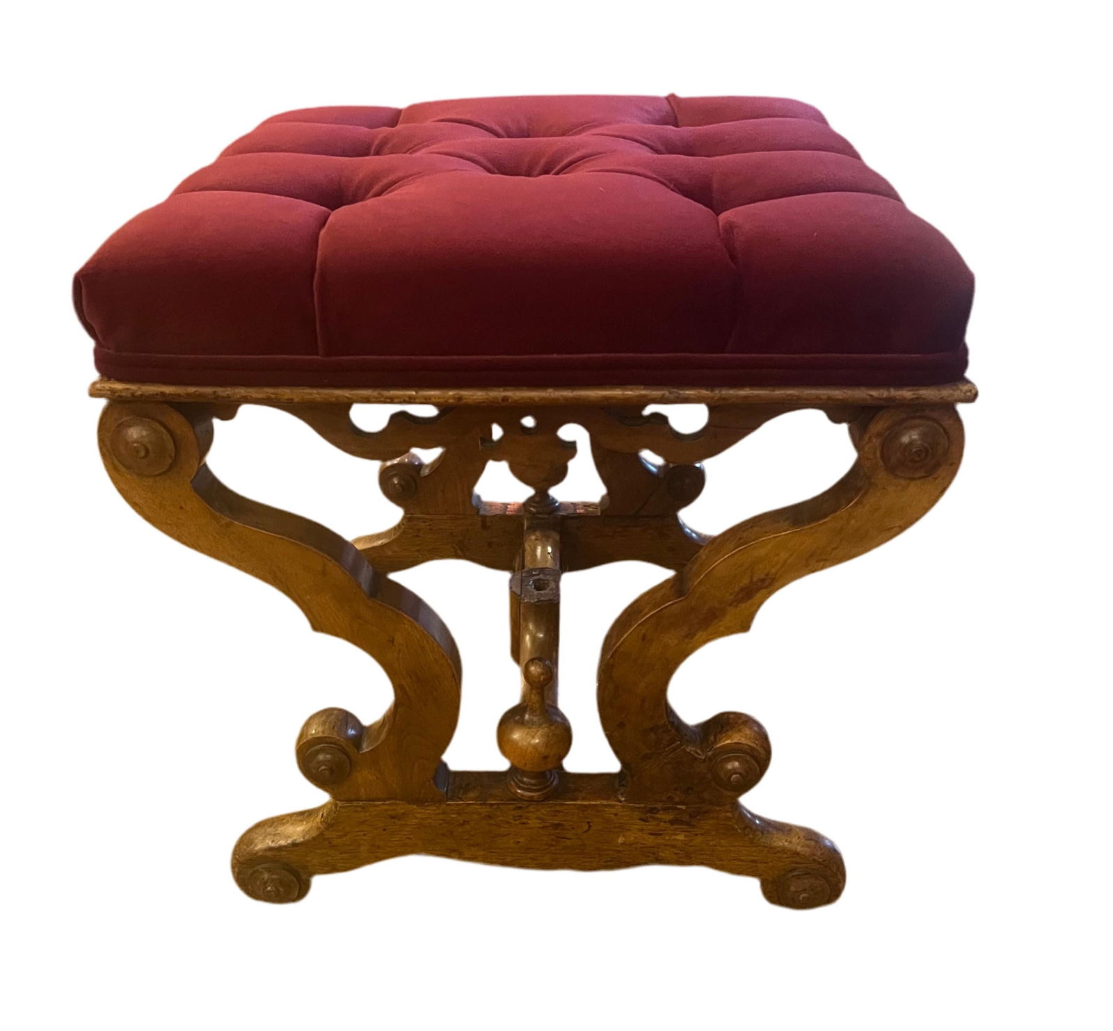 Antique Tufted Ottoman Newly Reupholstered in Burgundy Velvet - 6