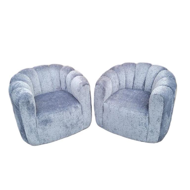 MCM Channel Back Swivel Lounge Chairs Newly Reupholstered: Title: MCM Channel Back Swivel Lounge Chairs Newly Reupholstered Description: Mid Century Modern Channel-Back Swivel Lounge Chairs Newly Upholstered in "Powder-Blu" Boucle This beautiful set of mid