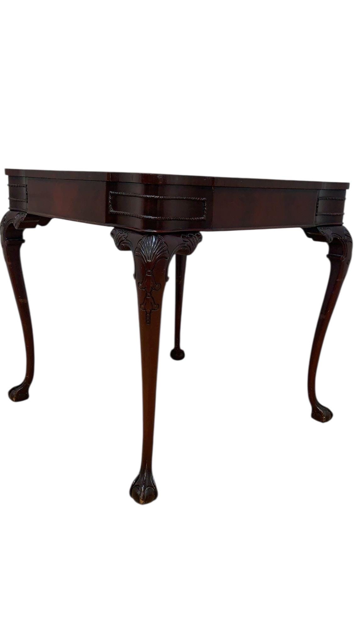 Vintage Chippendale Style Carved Mahogany Leather Top Game Table - 3