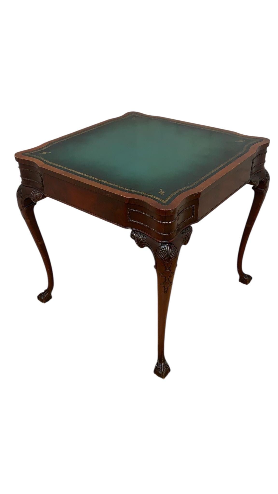 Vintage Chippendale Style Carved Mahogany Leather Top Game Table - 5