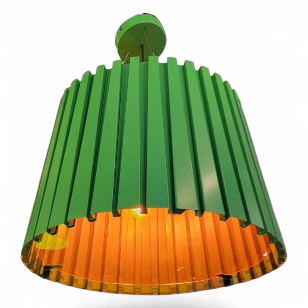 Vintage Oversized Industrial Designed Green Ribbed Metal Pendant with Orange Acrylic Shade - 2