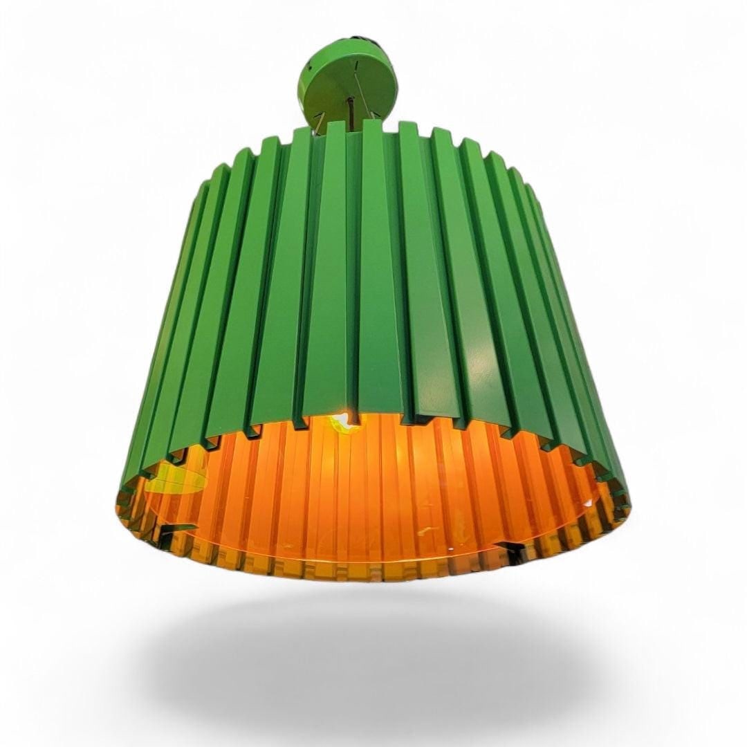 Vintage Oversized Industrial Designed Green Ribbed Metal Pendant with Orange Acrylic Shade - 3