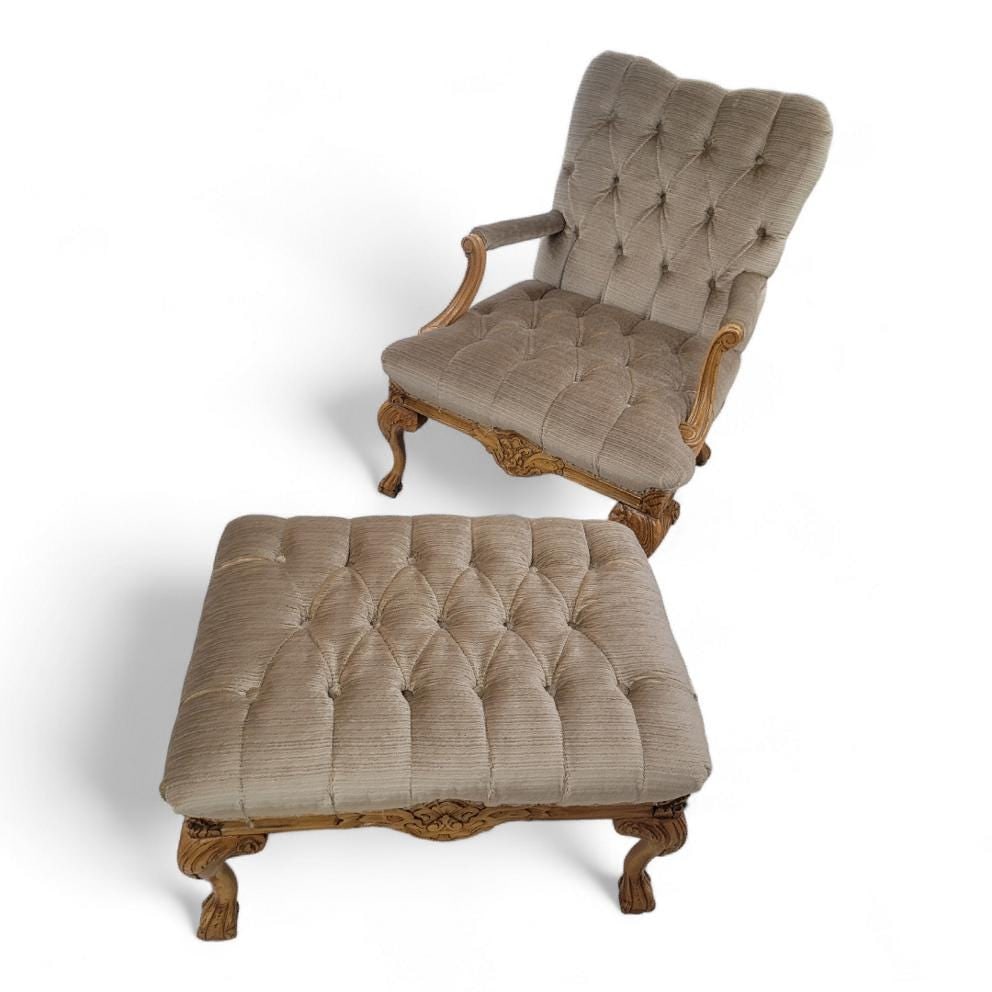 Vintage French Louis XV Style Fauteuil Tufted Armchair & Ottoman Newly Reupholstered in Mohair - 7