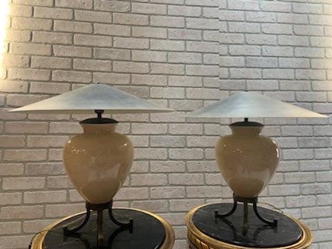 Vintage Karl Springer Style Ceramic Table Lamps With Metal Shades - Pair - 2