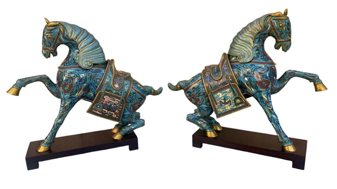 Vintage Chinese Cloisonné War Horse Sculptures on Mahogany Base - Pair (1 of 8)