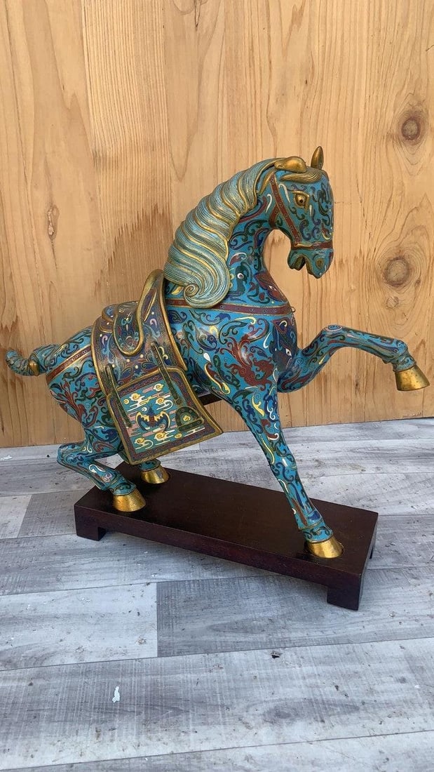 Vintage Chinese Cloisonné War Horse Sculptures on Mahogany Base - Pair - 3