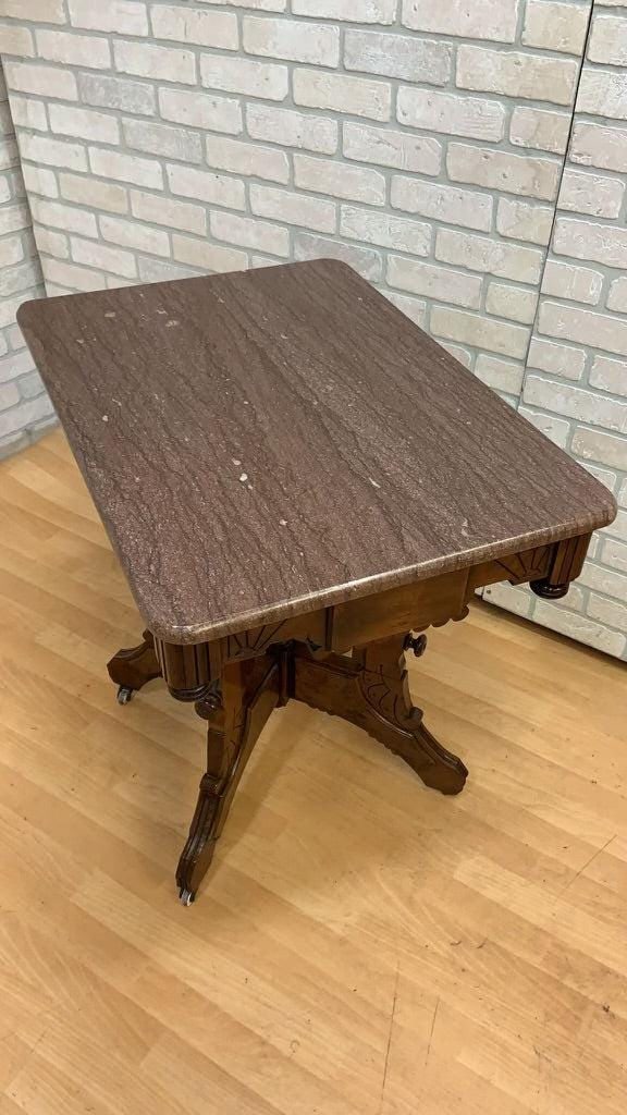 Antique Victorian Eastlake Style Carved Marble Top Parlor Lamp/Accent Table - 7