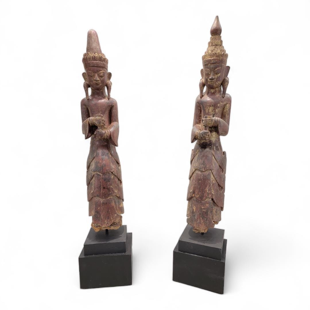 Antique Carved Lacquered Standing Burmese Monastic Sculptures on Pedestal Base - Set of 2 (1 of 8)