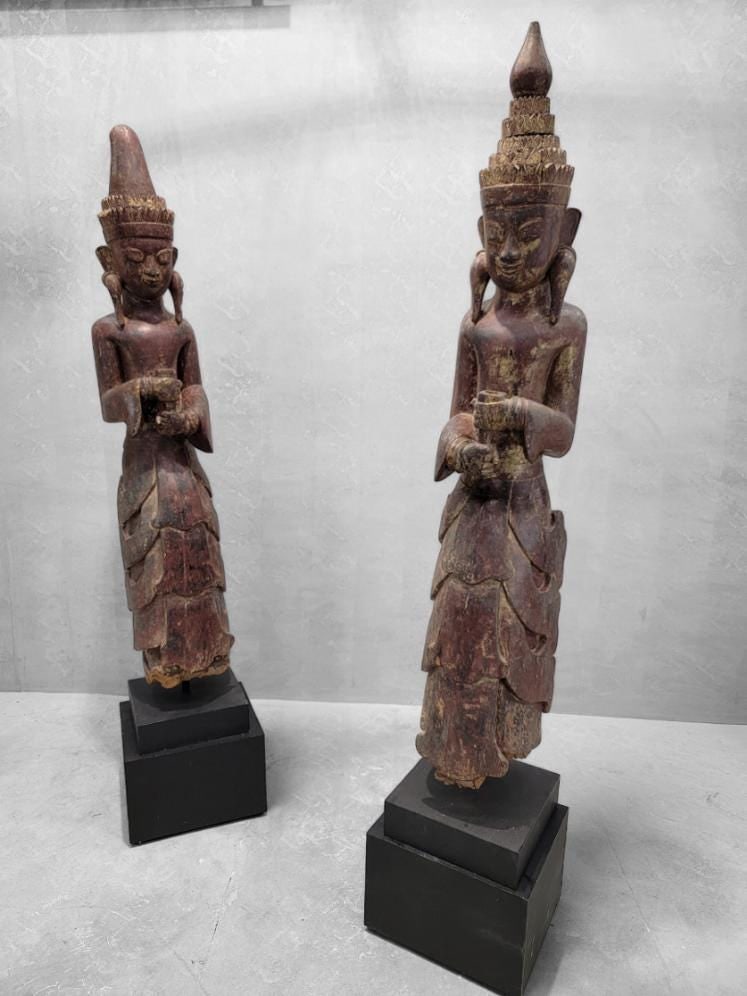 Antique Carved Lacquered Standing Burmese Monastic Sculptures on Pedestal Base - Set of 2 - 3