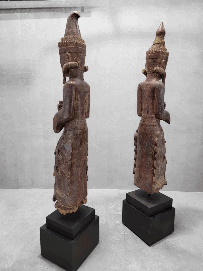 Antique Carved Lacquered Standing Burmese Monastic Sculptures on Pedestal Base - Set of 2 - 5
