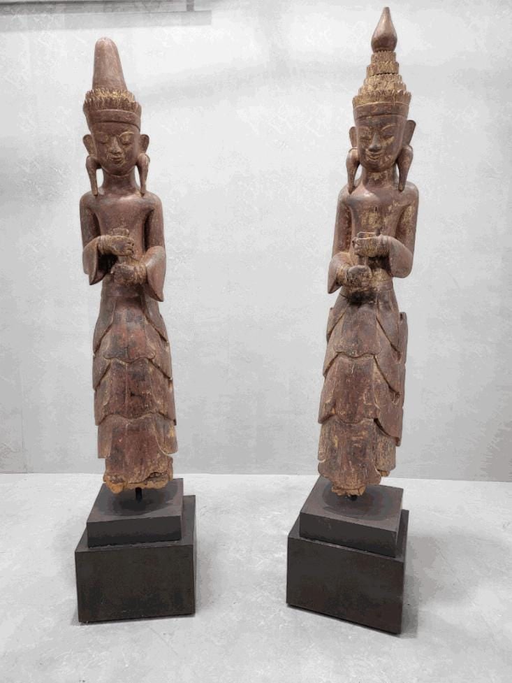 Antique Carved Lacquered Standing Burmese Monastic Sculptures on Pedestal Base - Set of 2 - 7