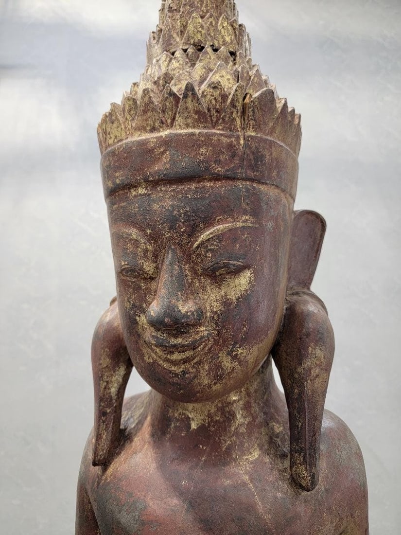 Antique Carved Lacquered Standing Burmese Monastic Sculptures on Pedestal Base - Set of 2 - 8