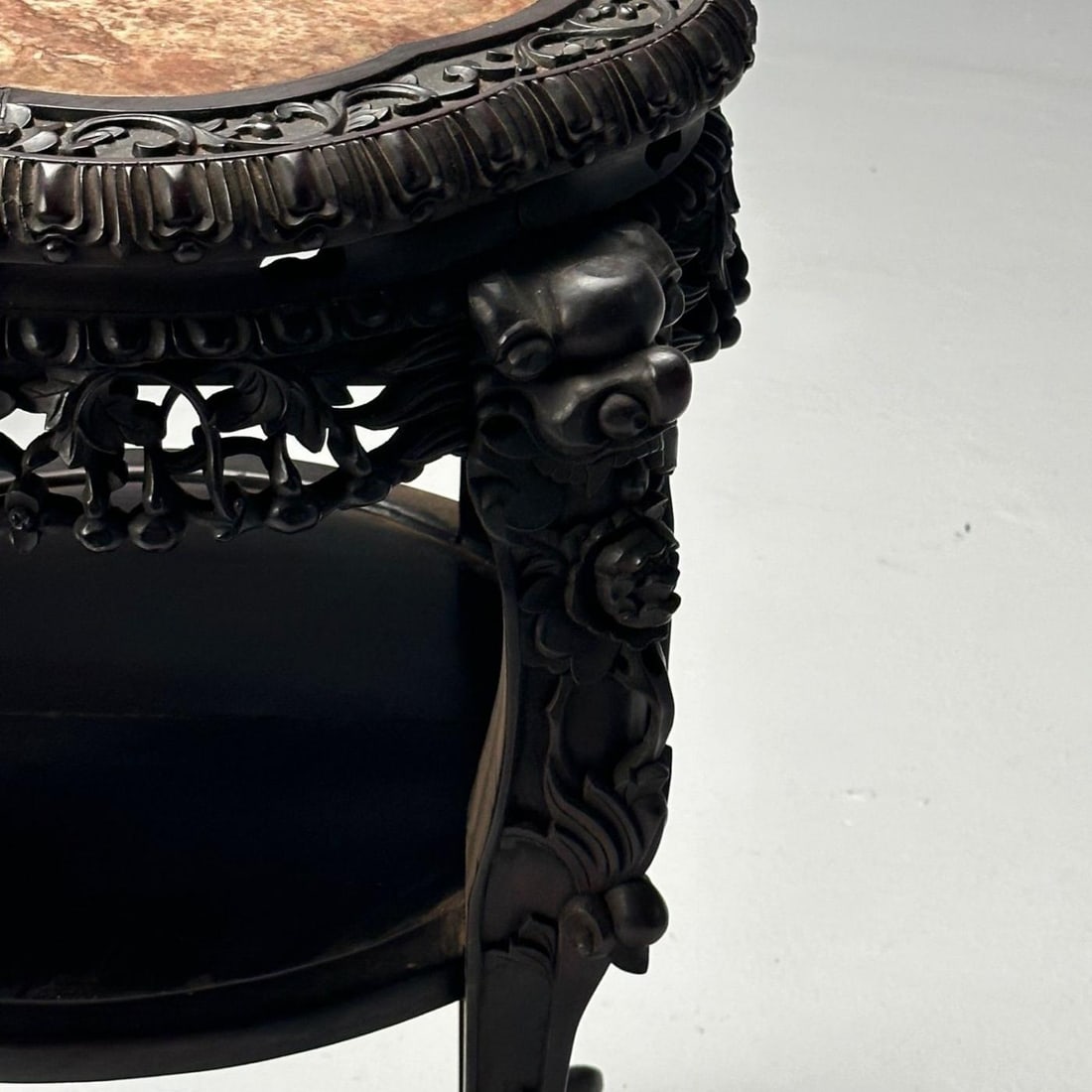 Chinese Heavily Carved, Occasional Tables or Pedestals, Teak, Marble, 1920s - 11