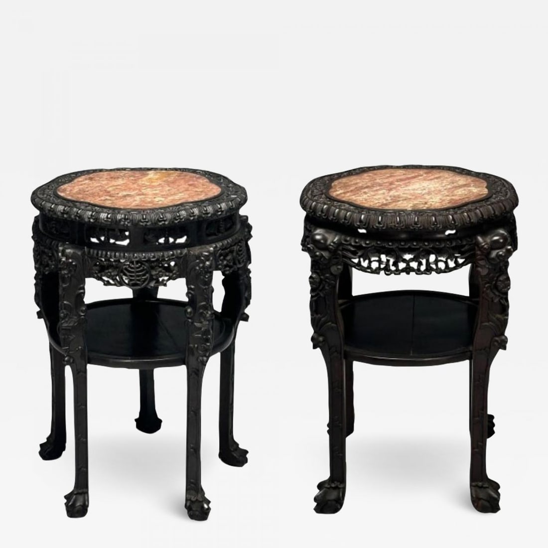 Chinese Heavily Carved, Occasional Tables or Pedestals, Teak, Marble, 1920s - 2