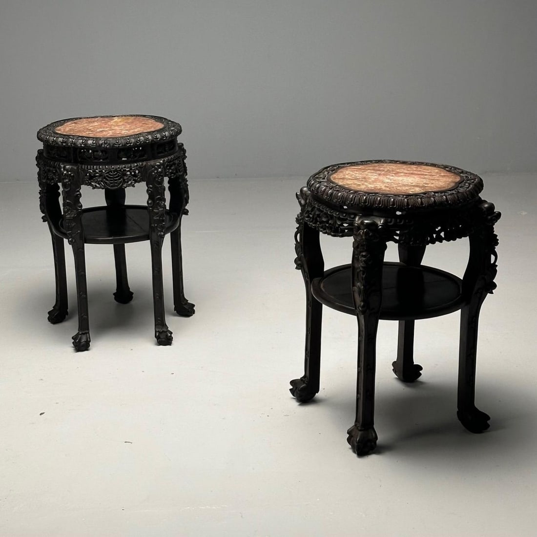 Chinese Heavily Carved, Occasional Tables or Pedestals, Teak, Marble, 1920s - 3