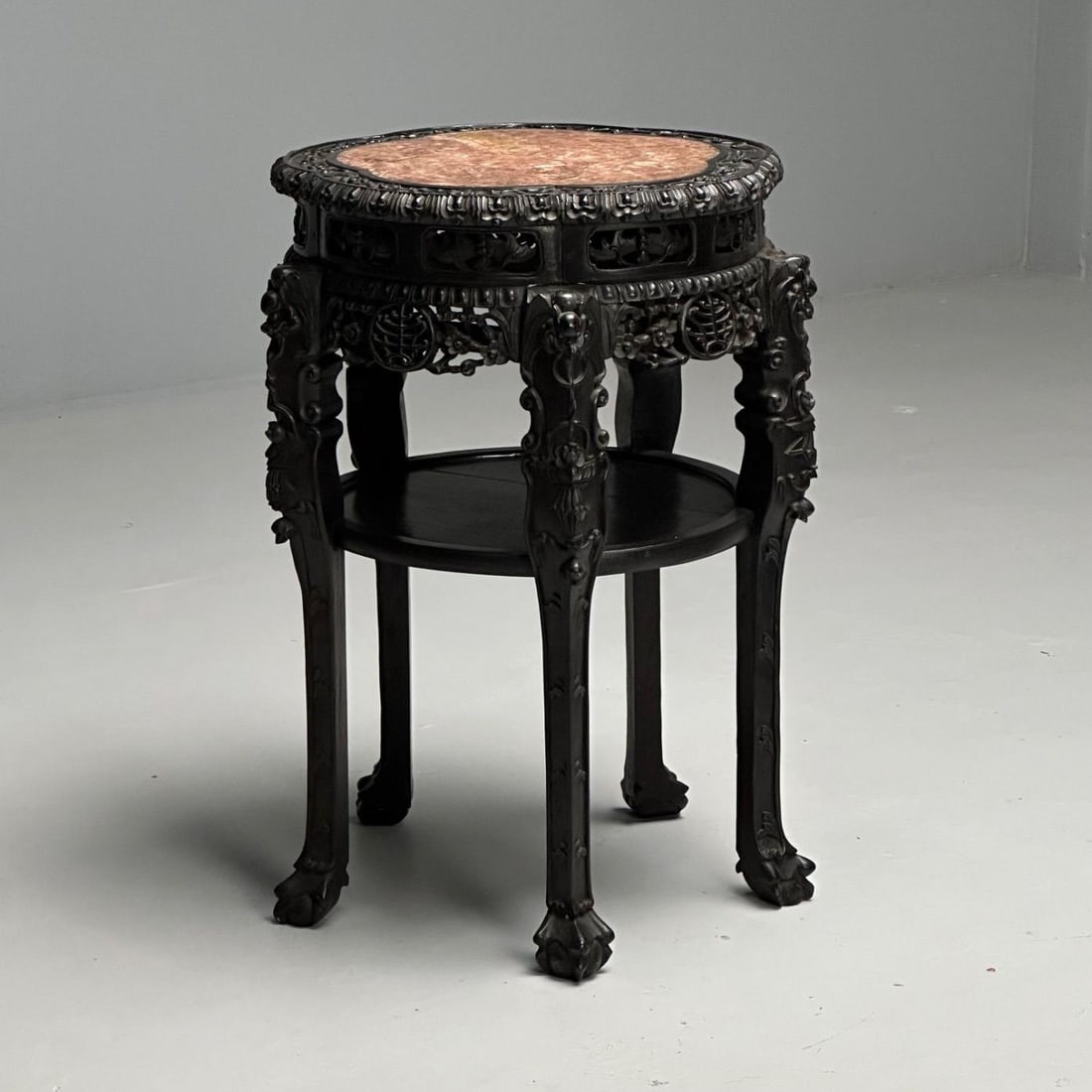 Chinese Heavily Carved, Occasional Tables or Pedestals, Teak, Marble, 1920s - 4