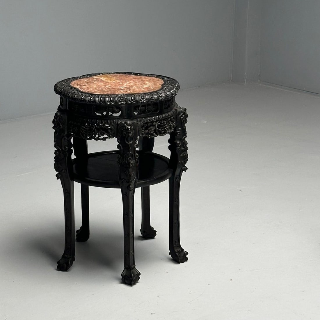 Chinese Heavily Carved, Occasional Tables or Pedestals, Teak, Marble, 1920s - 5