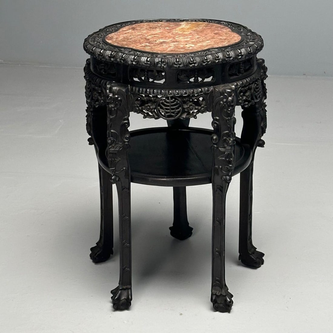 Chinese Heavily Carved, Occasional Tables or Pedestals, Teak, Marble, 1920s - 6