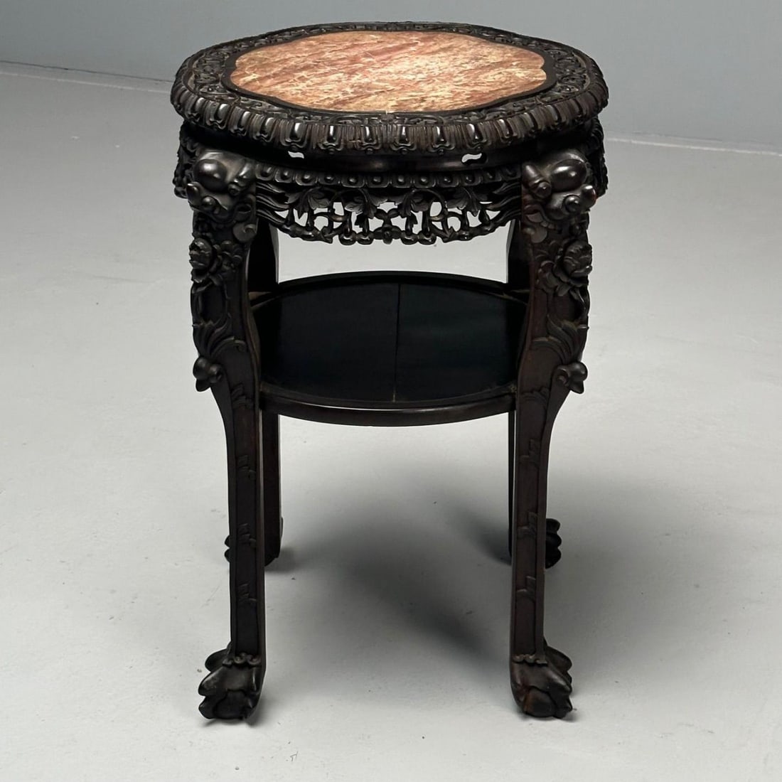 Chinese Heavily Carved, Occasional Tables or Pedestals, Teak, Marble, 1920s - 7