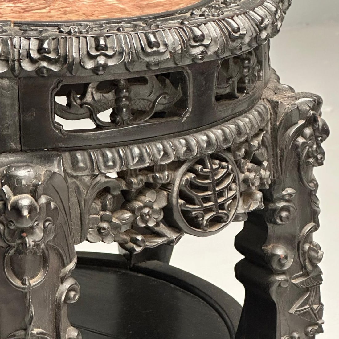 Chinese Heavily Carved, Occasional Tables or Pedestals, Teak, Marble, 1920s - 9