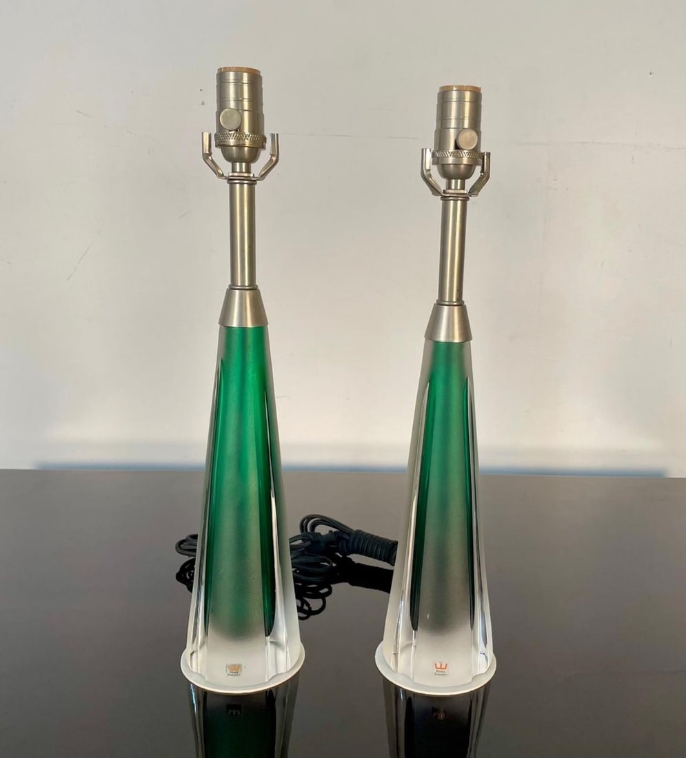 Pair of Swedish Mid-Century Modern Jade Green Kosta Lamps, Perfume Bottle Shape - 4