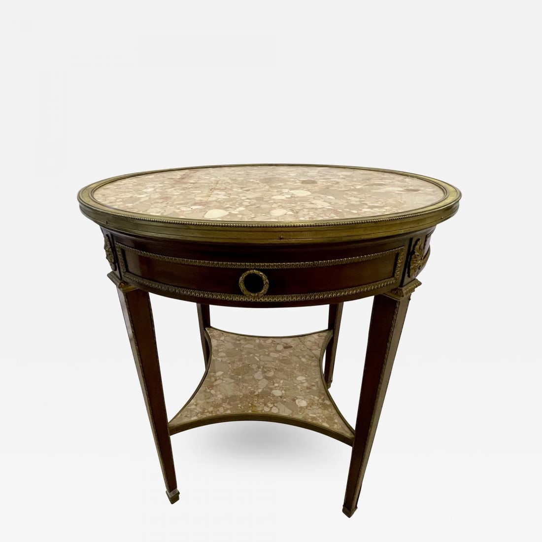French Mahogany Louis XVI Style Marble Top Bouillotte Table, Bronze Mounted (1 of 13)