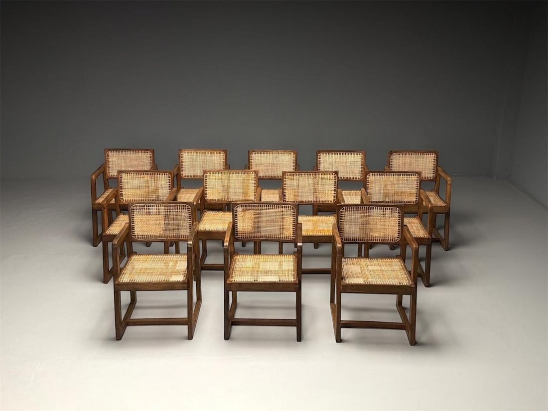 Pierre Jeanneret, French Mid-Century Modern, 12 Box Dining Chairs, Teak, Cane - 3