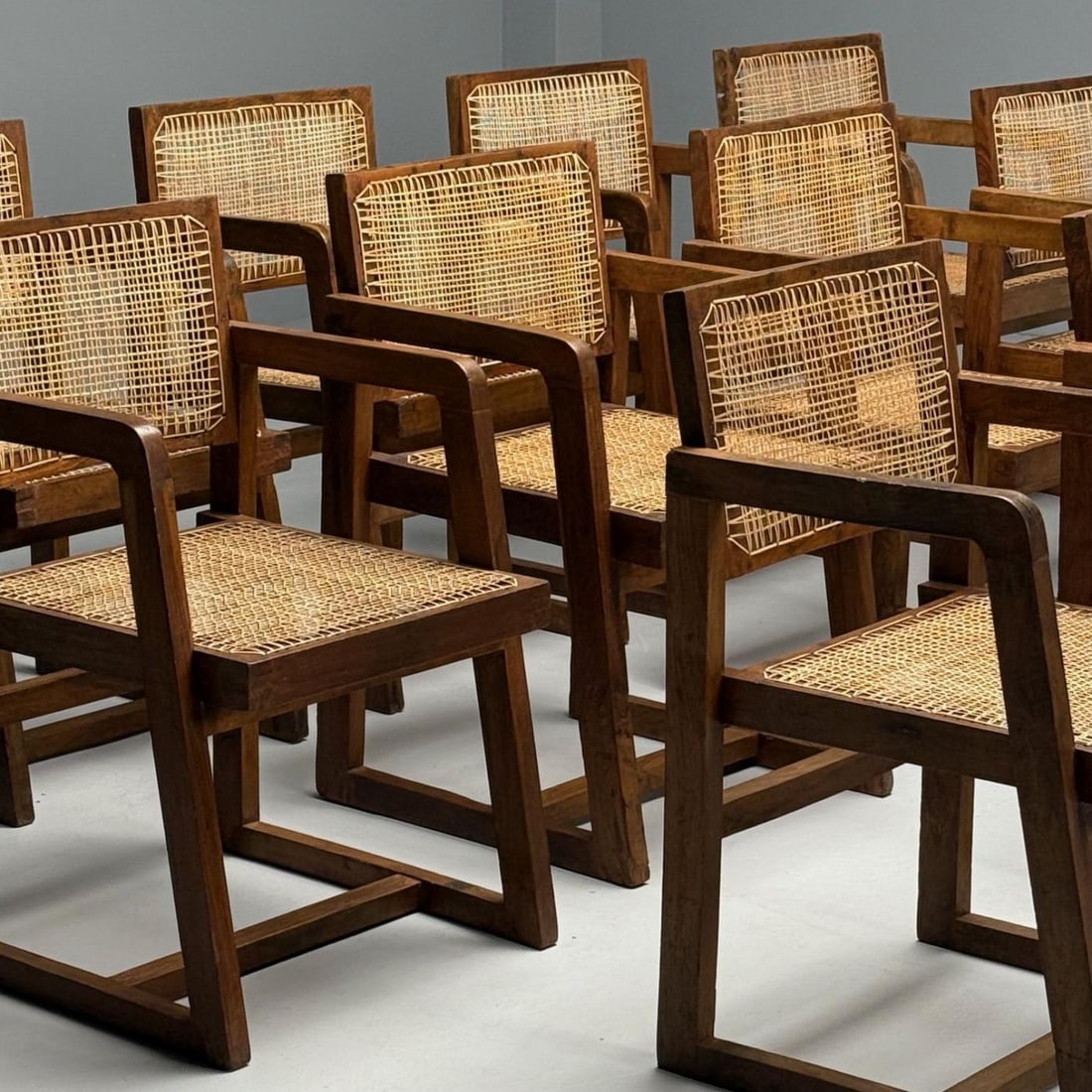Pierre Jeanneret, French Mid-Century Modern, 12 Box Dining Chairs, Teak, Cane - 6