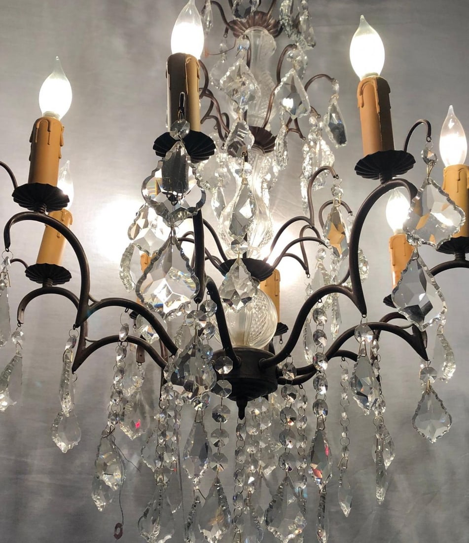 Copper Designed Metal and Crystal Chandelier with Centre Cut Glass Column - 12