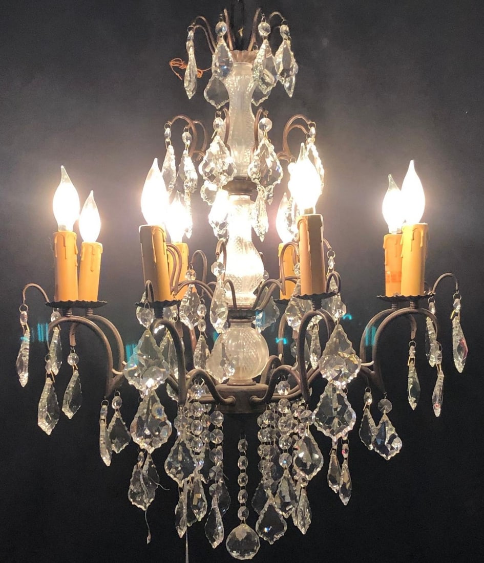 Copper Designed Metal and Crystal Chandelier with Centre Cut Glass Column - 5