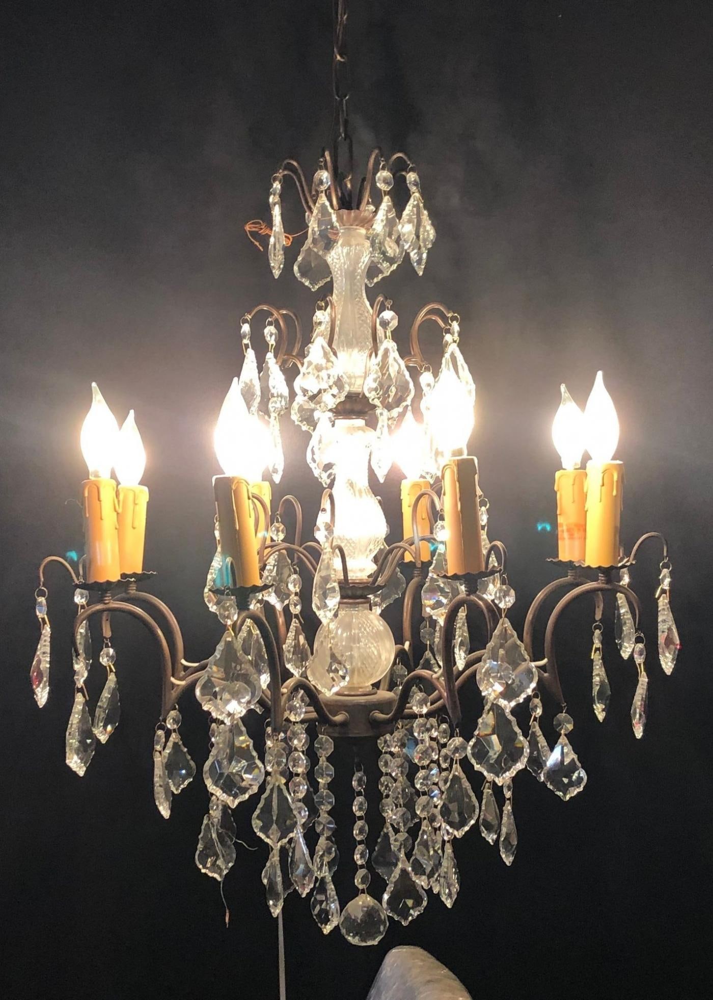 Copper Designed Metal and Crystal Chandelier with Centre Cut Glass Column - 7