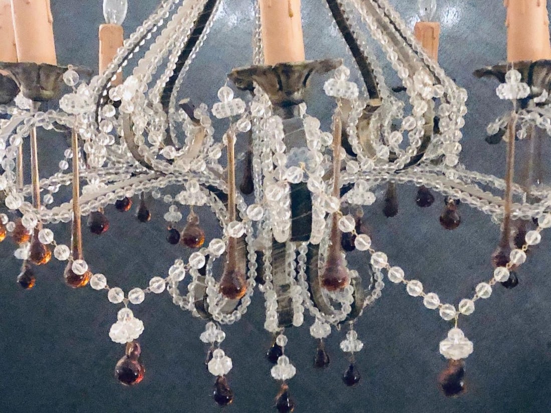 Eight Light Beaded Chandelier with Colored Tear Drop Prisms, circa 1960 - 11