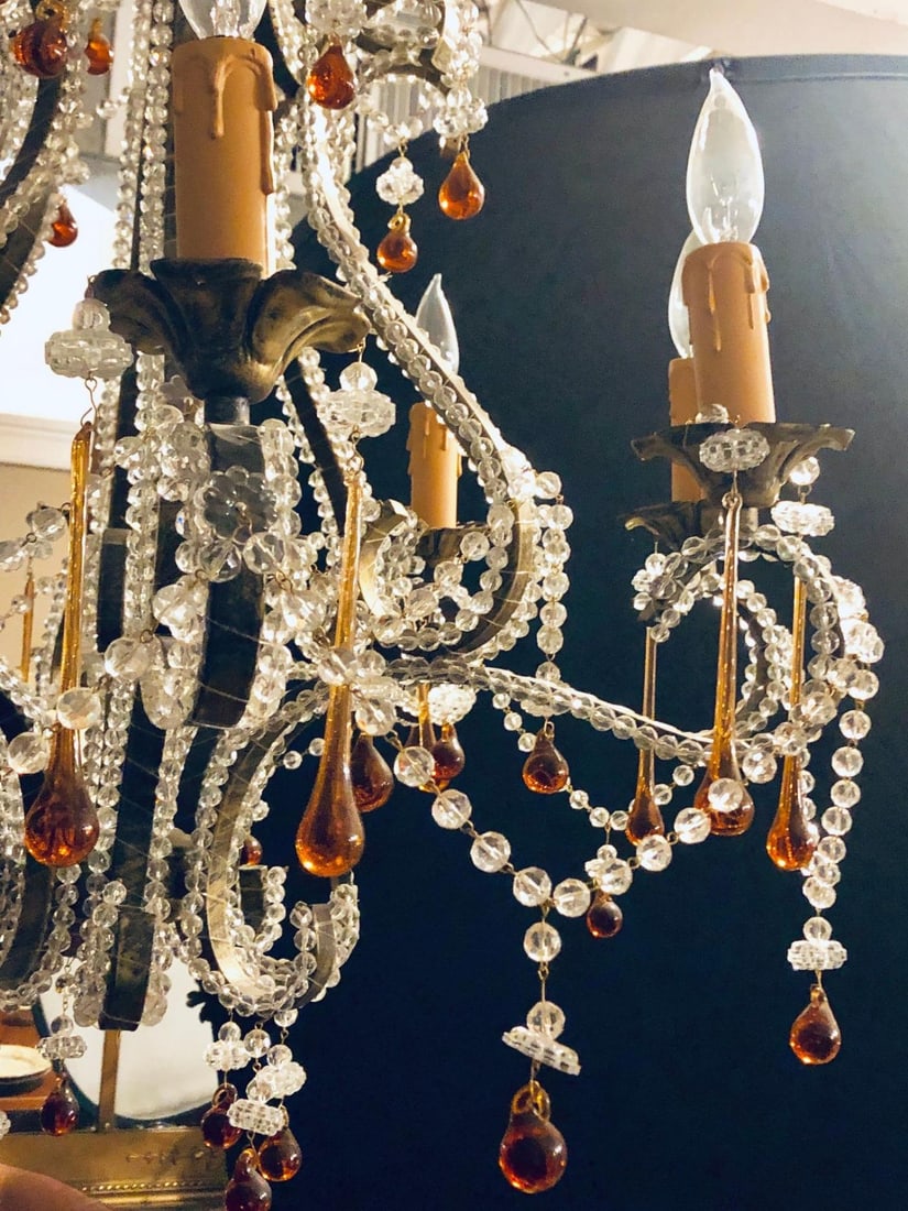 Eight Light Beaded Chandelier with Colored Tear Drop Prisms, circa 1960 - 13