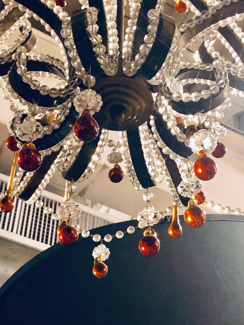 Eight Light Beaded Chandelier with Colored Tear Drop Prisms, circa 1960 - 9