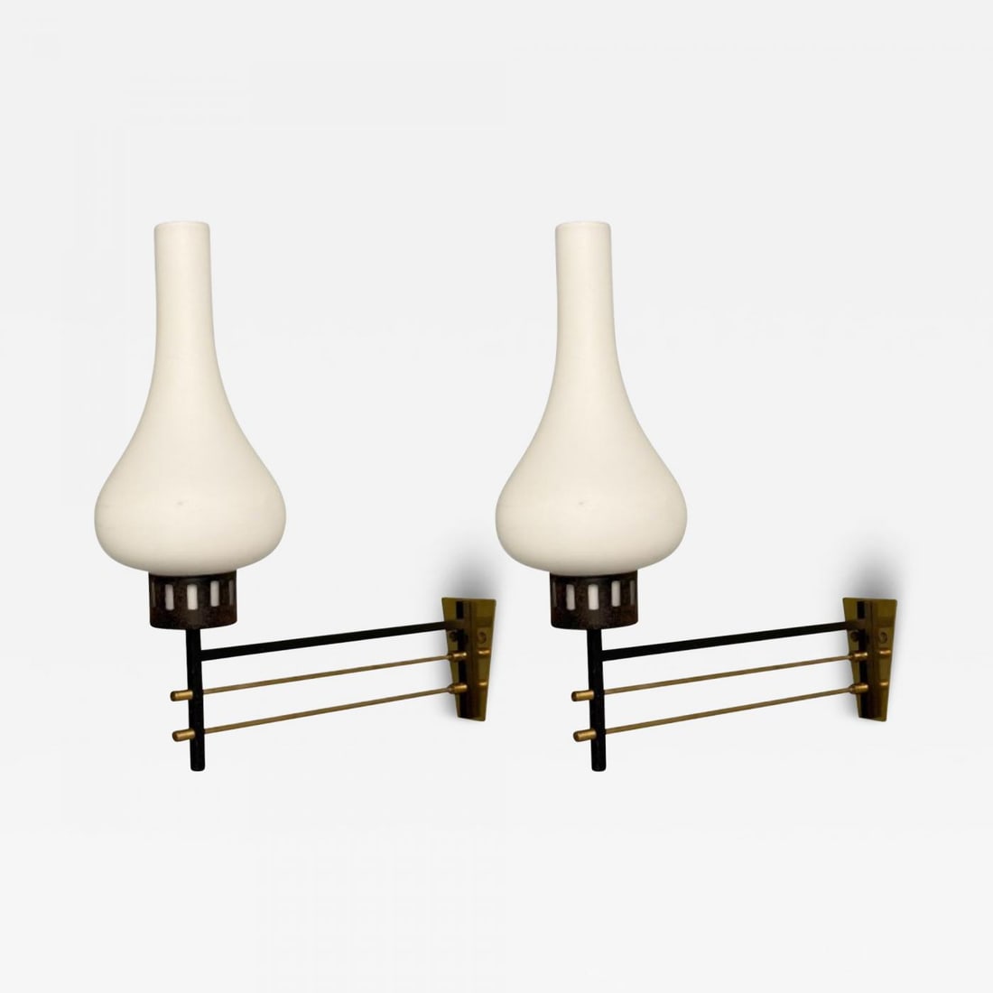 Italian Mid-Century Modern, Wall Sconces, Patinated Brass, Opaline Glass, 1950s: Title: Italian Mid-Century Modern, Wall Sconces, Patinated Brass, Opaline Glass, 1950s Description: Italian Mid-Century Modern, Wall Sconces or Wall Lights, Patinated Brass, Opaline Glass, Italy, 1950