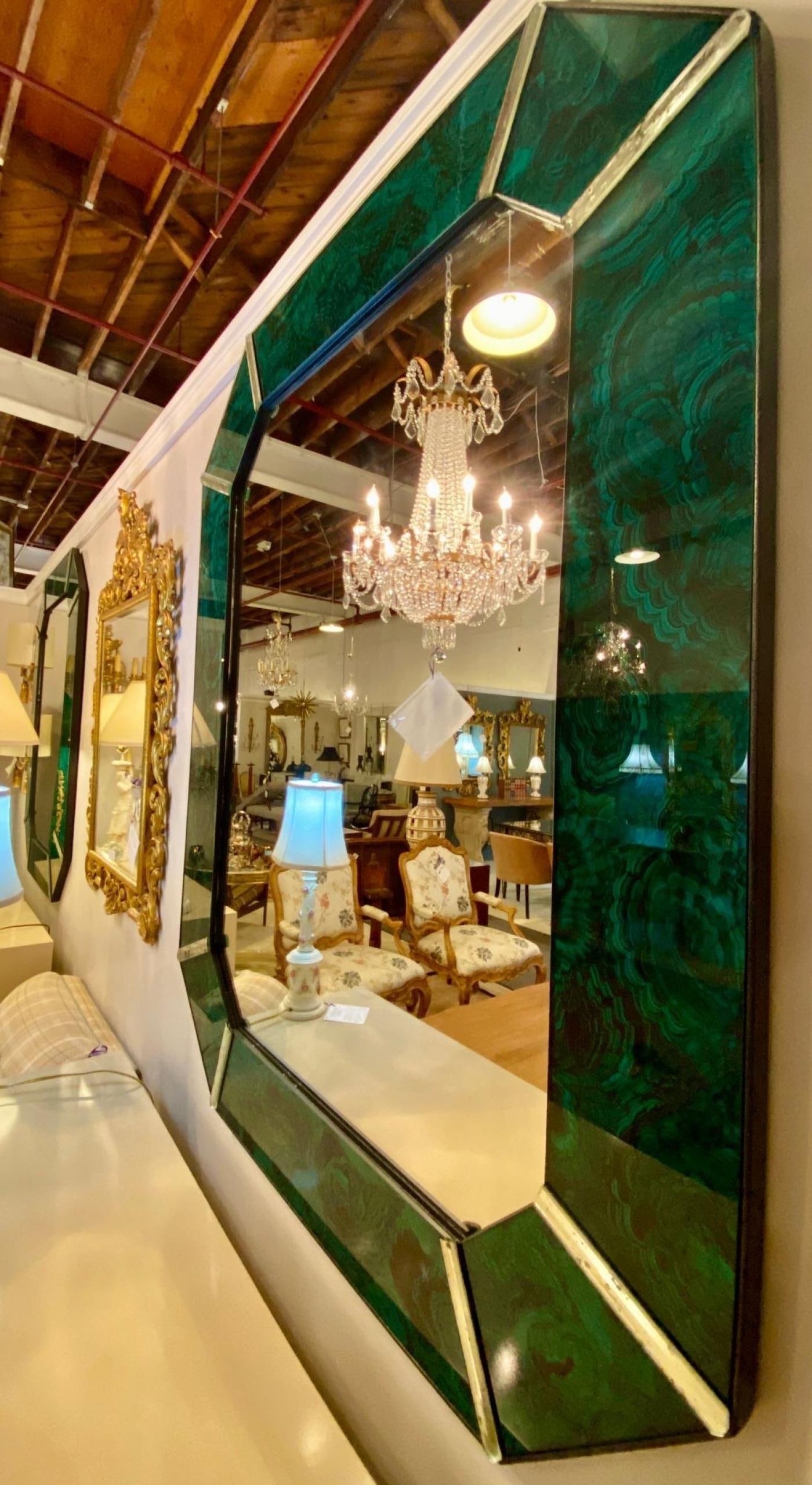 Hollywood Regency Octagonal Wall Mirrors Antiqued Malachite Style - 11