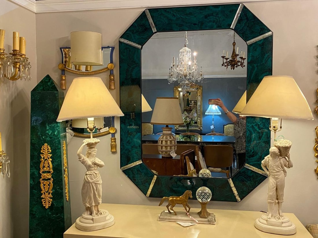 Hollywood Regency Octagonal Wall Mirrors Antiqued Malachite Style - 12