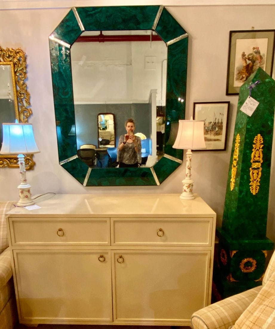 Hollywood Regency Octagonal Wall Mirrors Antiqued Malachite Style - 13