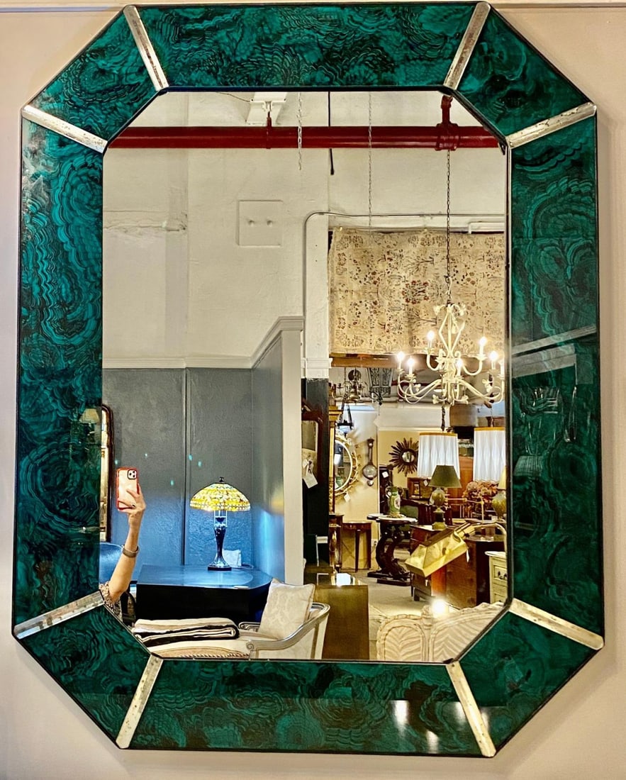 Hollywood Regency Octagonal Wall Mirrors Antiqued Malachite Style - 5