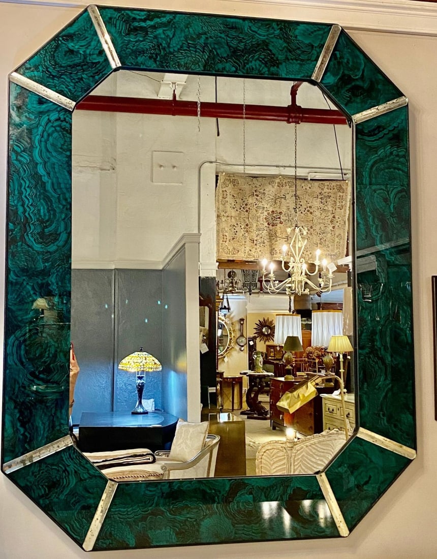 Hollywood Regency Octagonal Wall Mirrors Antiqued Malachite Style - 6