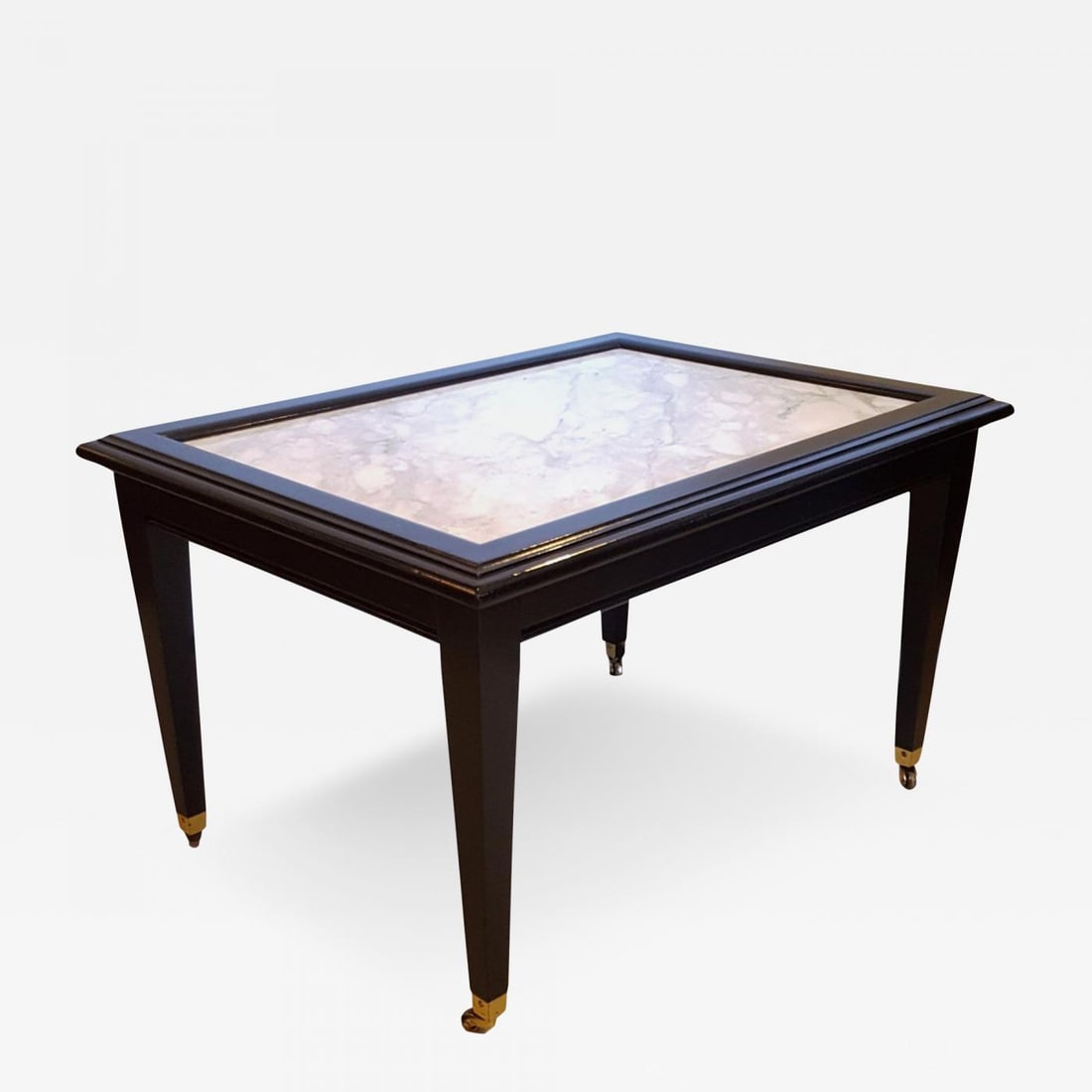 Ebonized Marble Top Coffee Table / Cocktail Table On Wheels manner of Jansen - 2