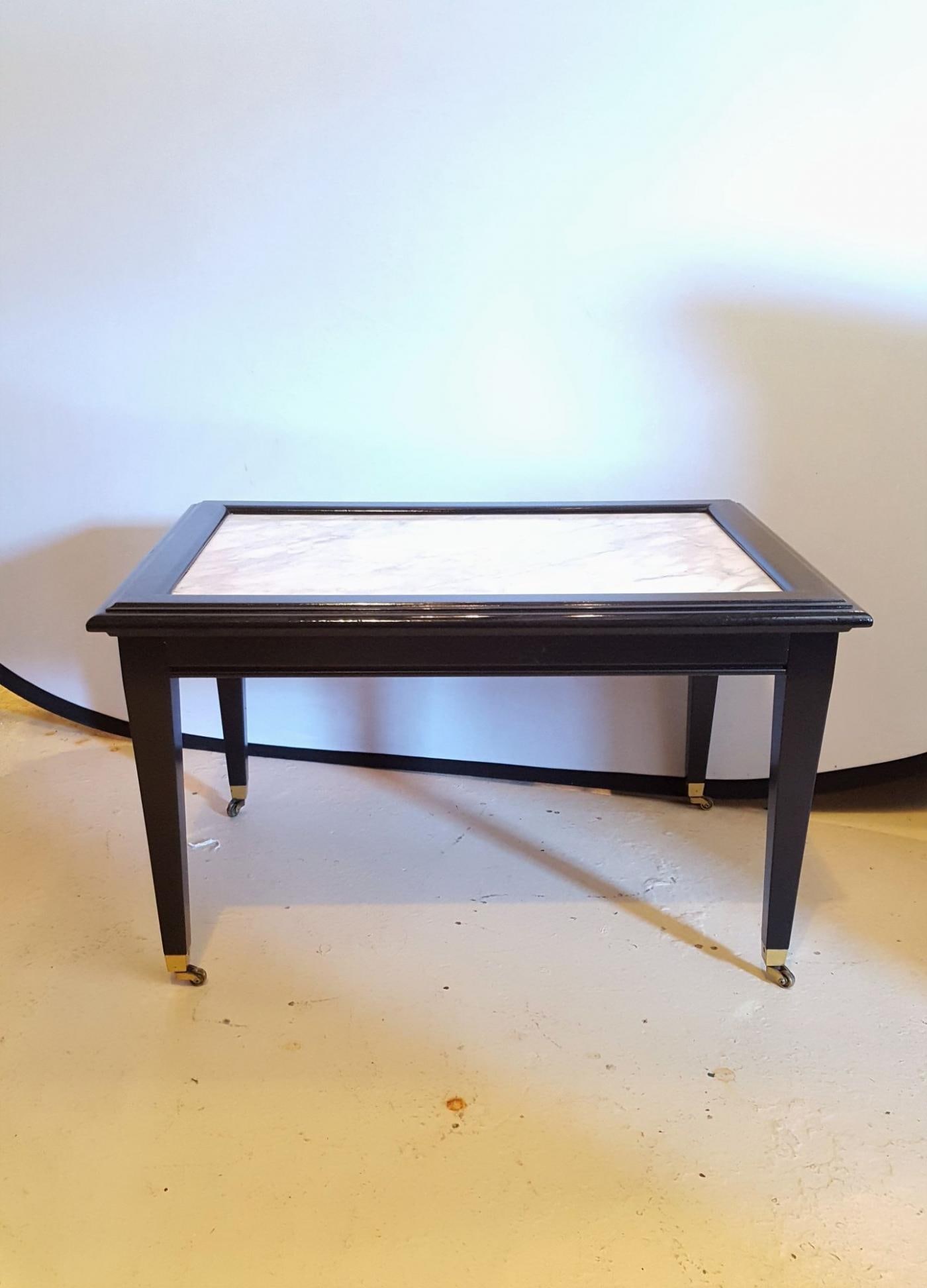 Ebonized Marble Top Coffee Table / Cocktail Table On Wheels manner of Jansen - 3